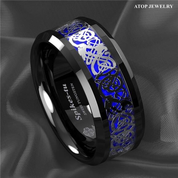Men's Wedding Band Rings - Blue Black Silver Celtic Dragon Design Wedding Rings - Picture 3 of 8